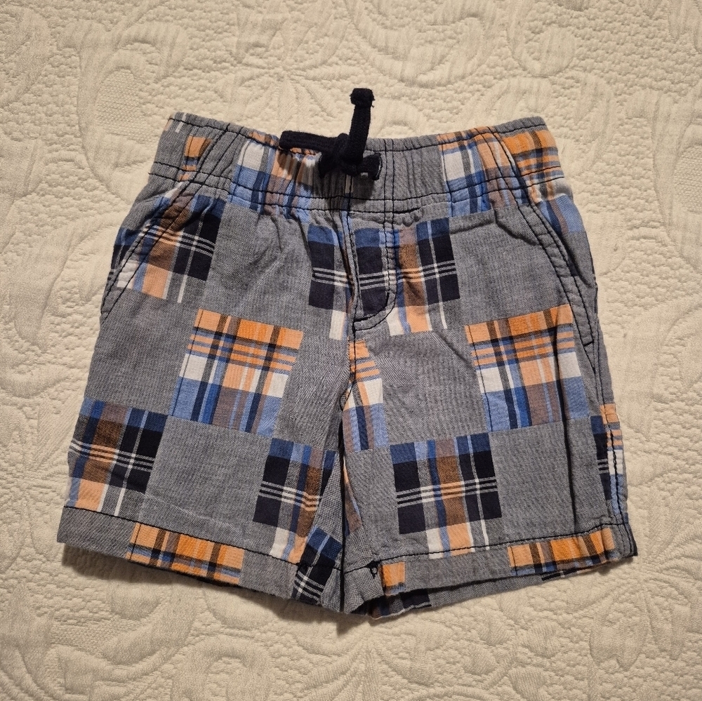 Gymboree boys size 2T Outlet plaid shorts, gray, blue orange white elastic waist